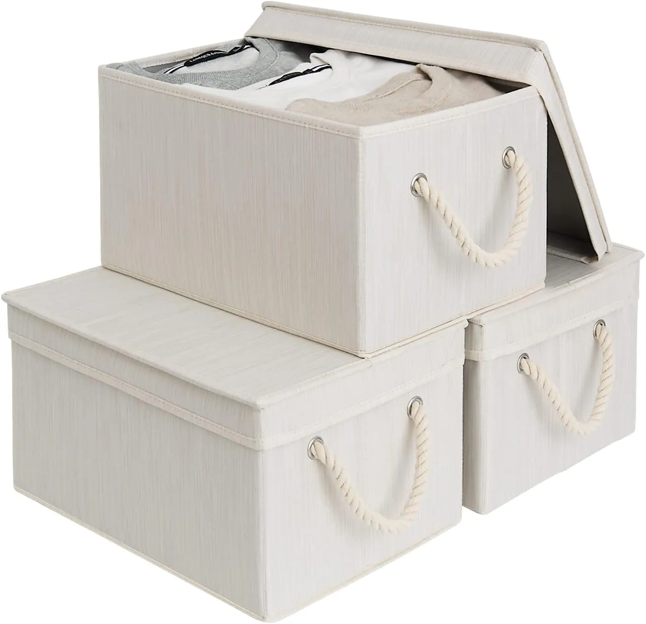 StorageWorks Storage Bins with Lid, Decorative Boxes with Soft Rope Handles, Foldable Basket, Mixing of Beige, White & Ivory, Large, 3-Pack,