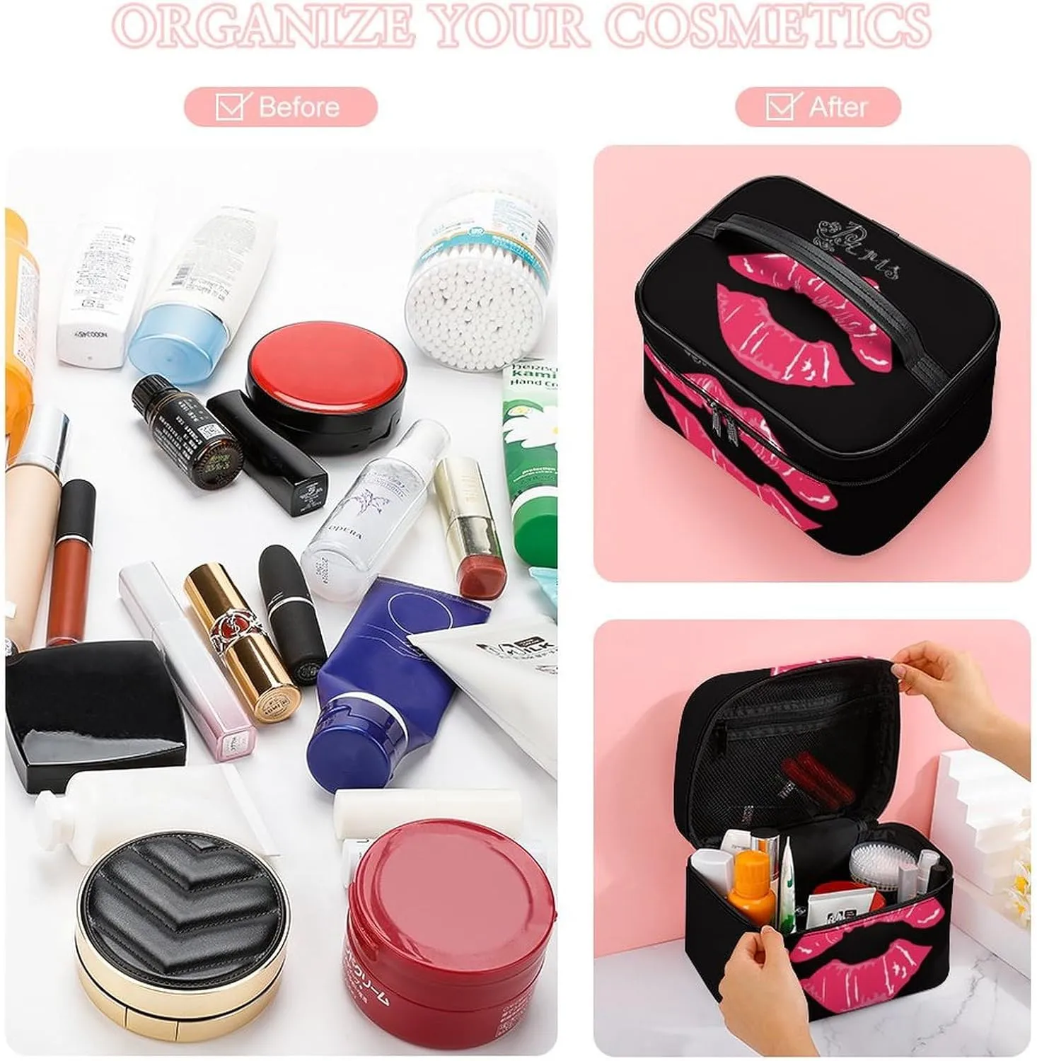 Stylish Cosmetic Bag for Women, Travel Toiletry Storage Bag with with Zipper Pouch Valentines Paris Lips Kiss Print Makeup Organizer Case