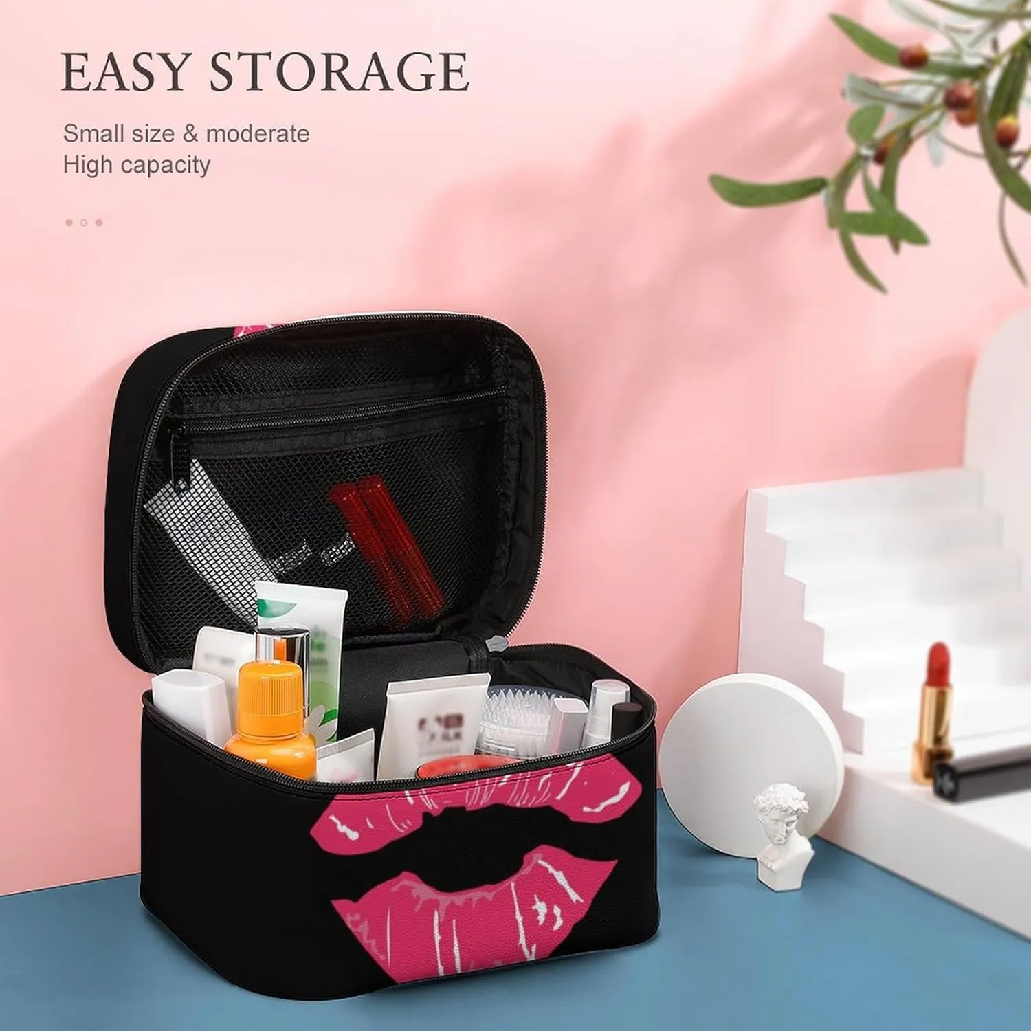 Stylish Cosmetic Bag for Women, Travel Toiletry Storage Bag with with Zipper Pouch Valentines Paris Lips Kiss Print Makeup Organizer Case