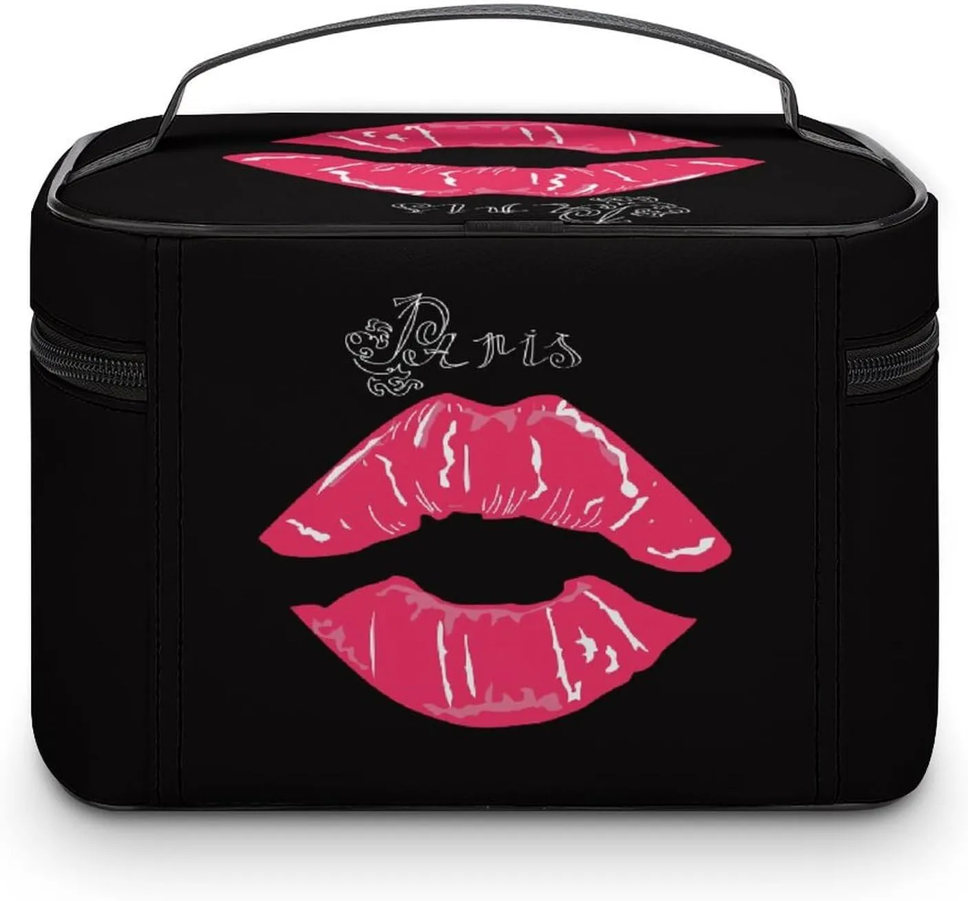 Stylish Cosmetic Bag for Women, Travel Toiletry Storage Bag with with Zipper Pouch Valentines Paris Lips Kiss Print Makeup Organizer Case