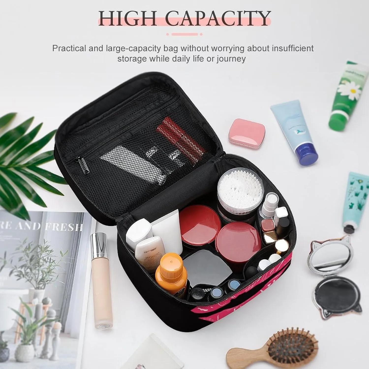 Stylish Cosmetic Bag for Women, Travel Toiletry Storage Bag with with Zipper Pouch Valentines Paris Lips Kiss Print Makeup Organizer Case