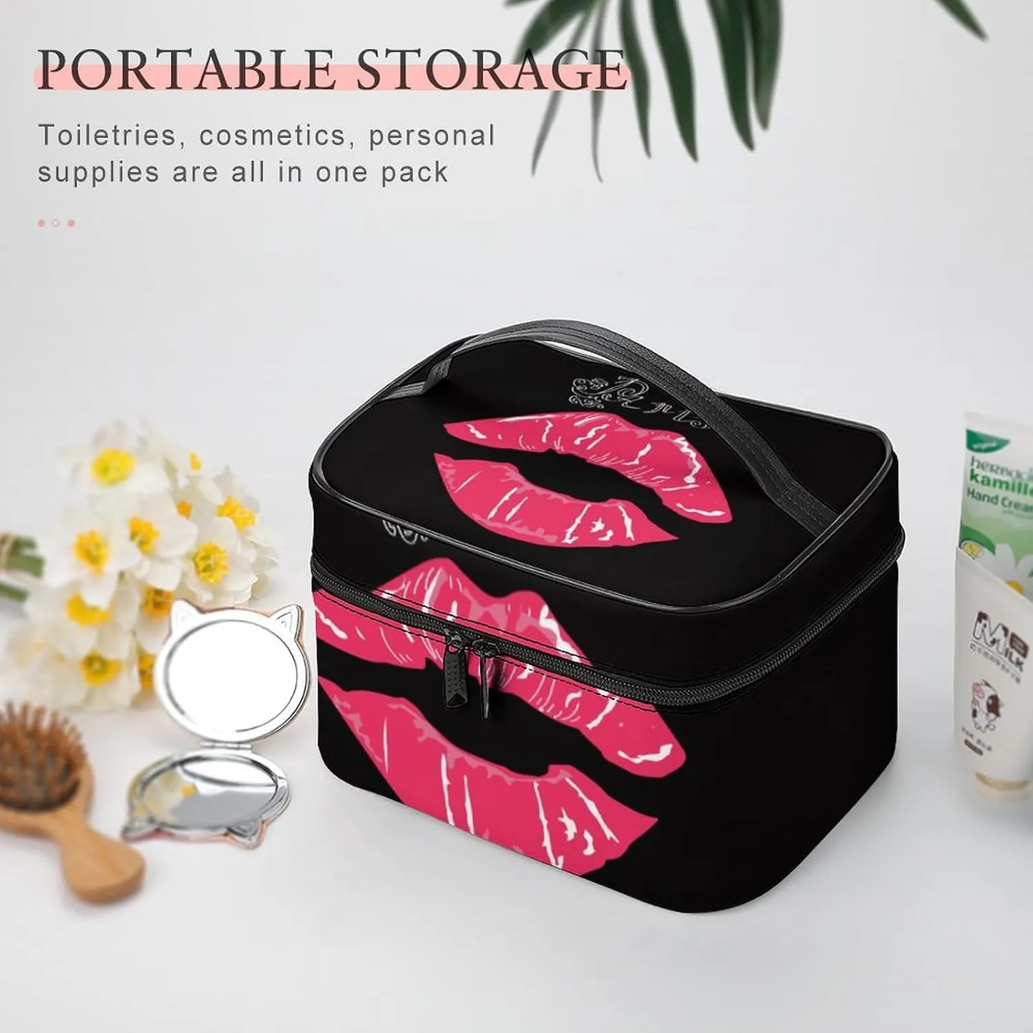 Stylish Cosmetic Bag for Women, Travel Toiletry Storage Bag with with Zipper Pouch Valentines Paris Lips Kiss Print Makeup Organizer Case