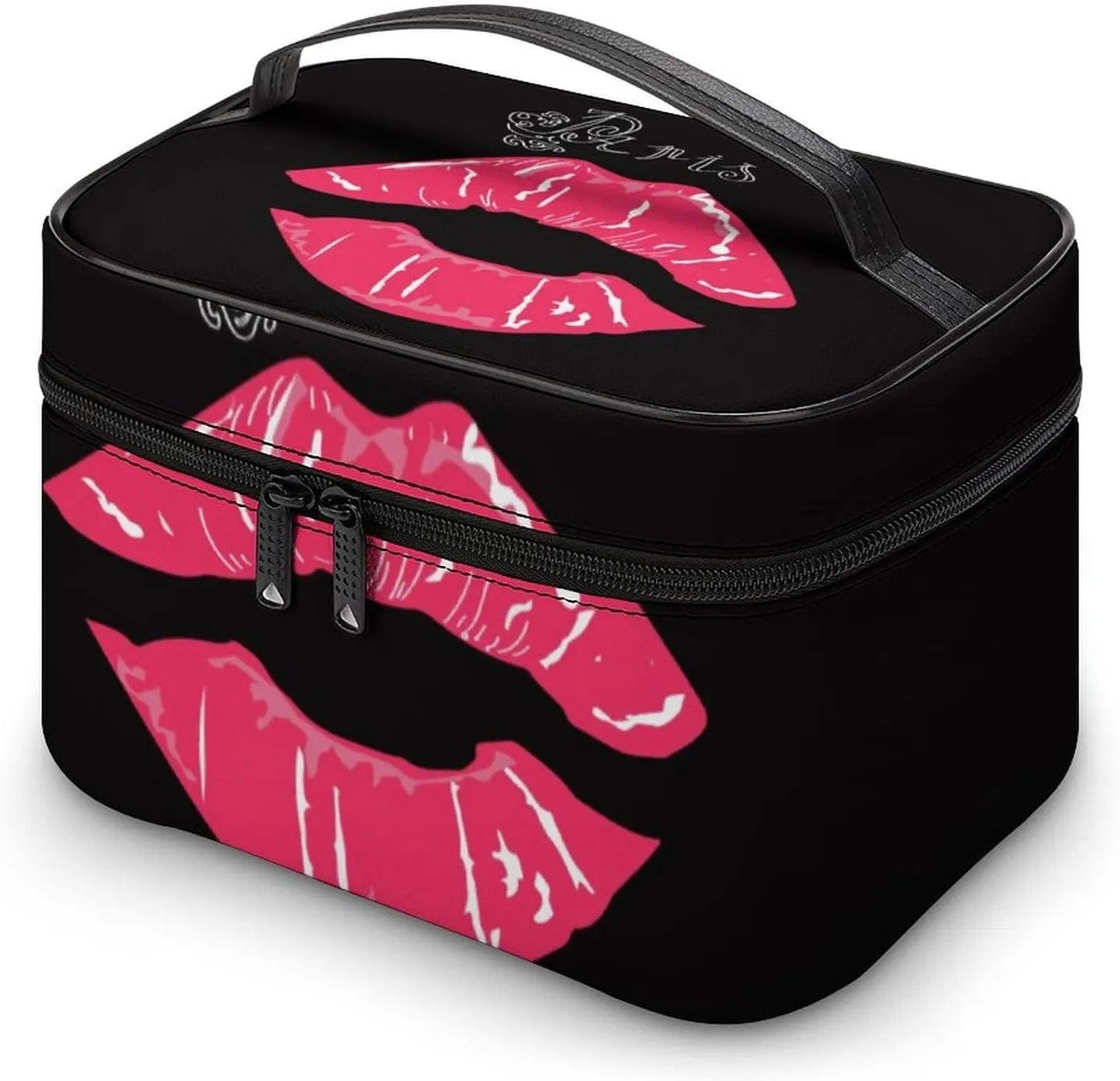 Stylish Cosmetic Bag for Women, Travel Toiletry Storage Bag with with Zipper Pouch Valentines Paris Lips Kiss Print Makeup Organizer Case