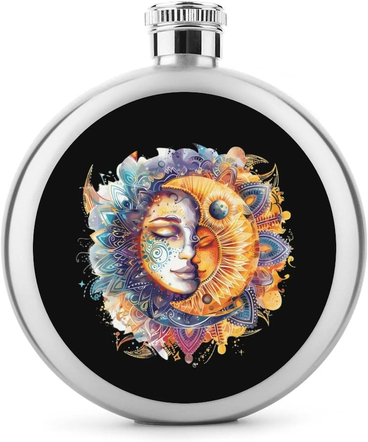 Sun and Moon Trippy Flower Round Wine Flask 5 Oz Mini Portable Stainless Steel Drinking Flasks for Men Women Travel Home Office