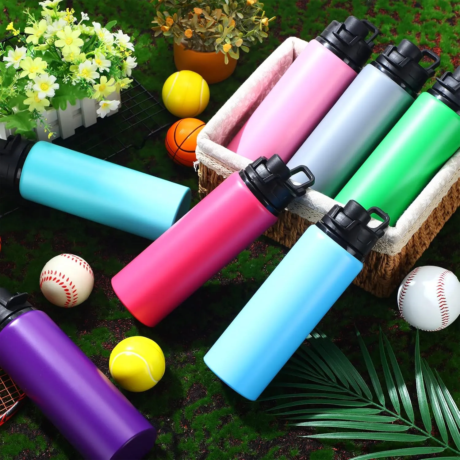 Sunnyray 16 Pcs Aluminum Water Bottle Bulk Multicolor Reusable Sports Bottle with Snap Lids Multipack Vacuum Water Flask for Travel Camping, Picnics, Gym, Hiking, Cycling, Fishing