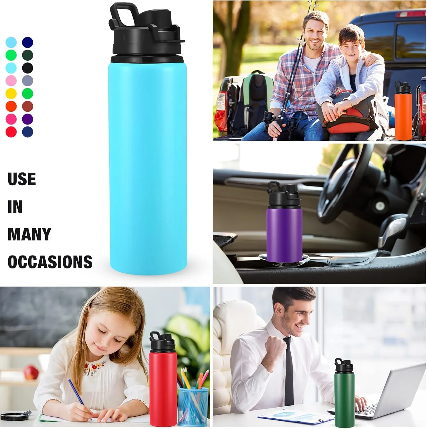 Sunnyray 16 Pcs Aluminum Water Bottle Bulk Multicolor Reusable Sports Bottle with Snap Lids Multipack Vacuum Water Flask for Travel Camping, Picnics, Gym, Hiking, Cycling, Fishing