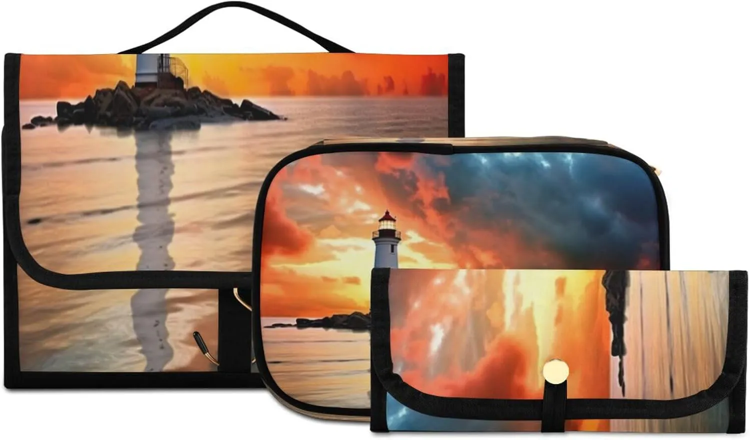 Sunset Light House Toiletry Bag 3 Pack Travel Make Up Bags Waterproof Cosmetic Bags Hanging Organizer Accessories for Women/Men
