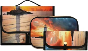 Sunset Light House Toiletry Bag 3 Pack Travel Make Up Bags Waterproof Cosmetic Bags Hanging Organizer Accessories for Women/Men