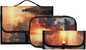 Sunset Lighthouse Toiletry Bag 3 Pack Travel Make Up Bags Waterproof Cosmetic Bags Hanging Organizer Accessories for Women/Men
