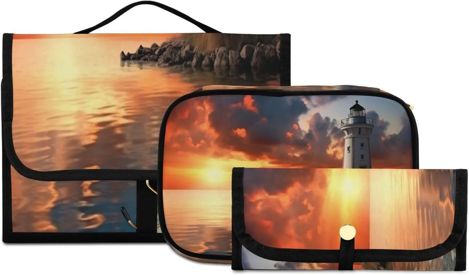Sunset Lighthouse Toiletry Bag 3 Pack Travel Make Up Bags Waterproof Cosmetic Bags Hanging Organizer Accessories for Women/Men
