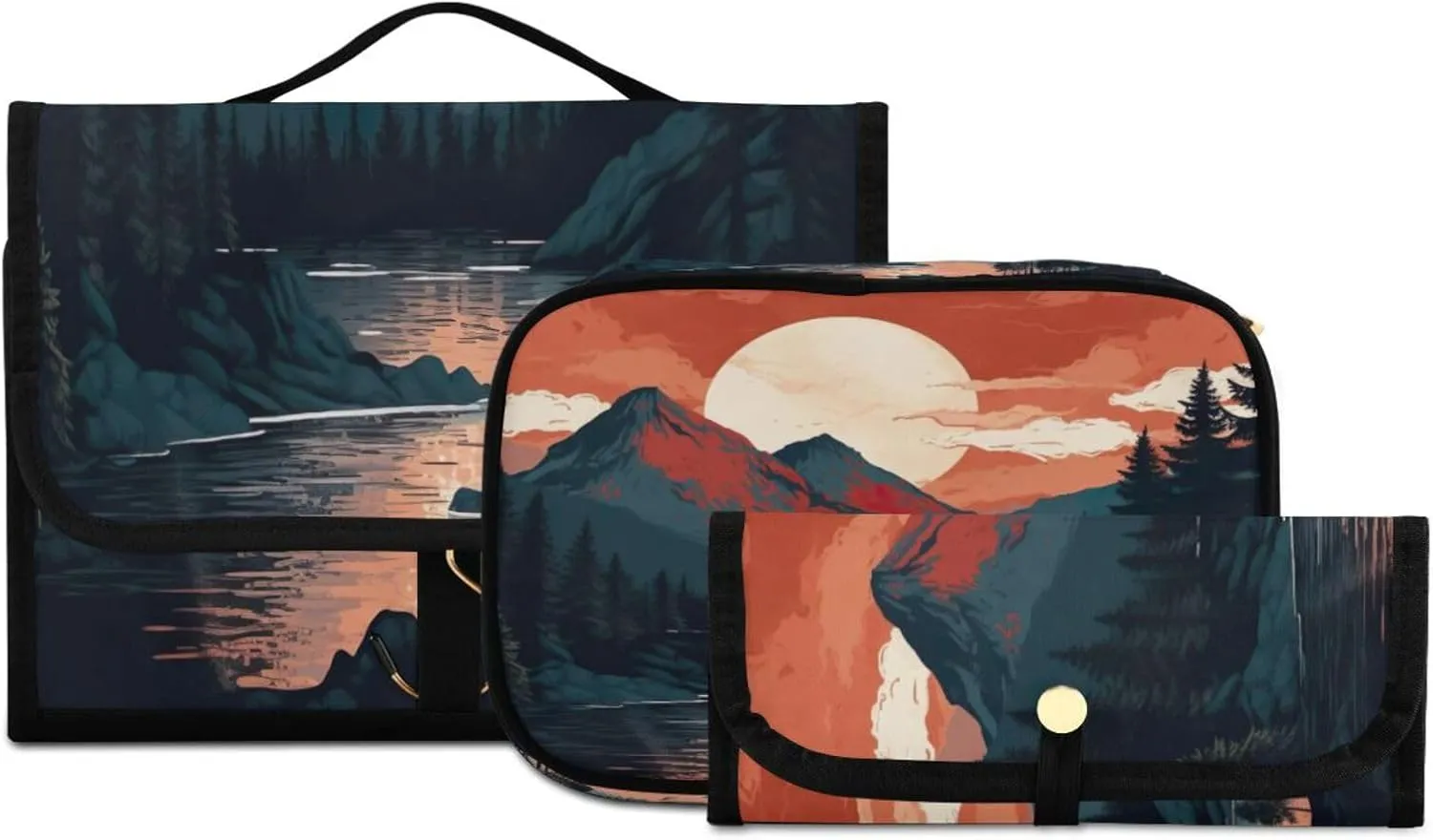 Sunset Mountain Toiletry Bag 3 Pack Travel Make Up Bags Waterproof Cosmetic Bags Hanging Organizer Accessories for Women/Men