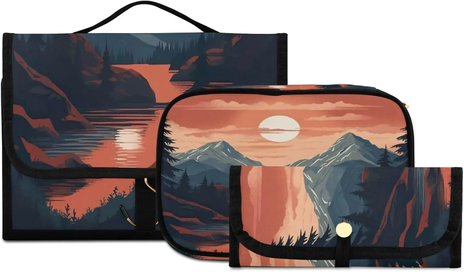 Sunset Mountain Toiletry Bag 3 Pack Travel Make Up Bags Waterproof Cosmetic Bags Hanging Organizer Accessories for Women/Men
