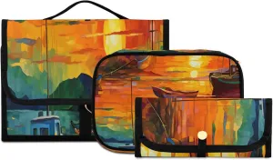 Sunset Oil Painting Toiletry Bag 3 Pack Travel Make Up Bags Waterproof Cosmetic Bags Hanging Organizer Accessories for Women/Men