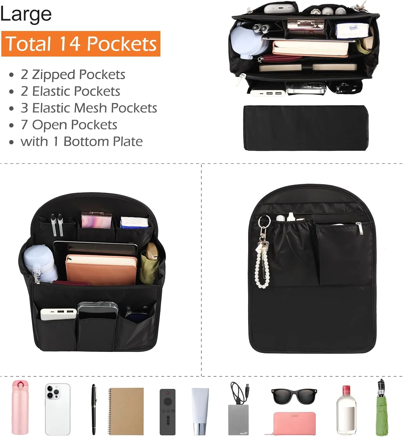 Surblue Backpack Organizer Insert Liner Hanging Travel Rucksack Purse and Handbag Insert Pocket, High-capacity Divider Foldable Nylon Shoulder Bag Organizer for Men and Women, (Black, L)