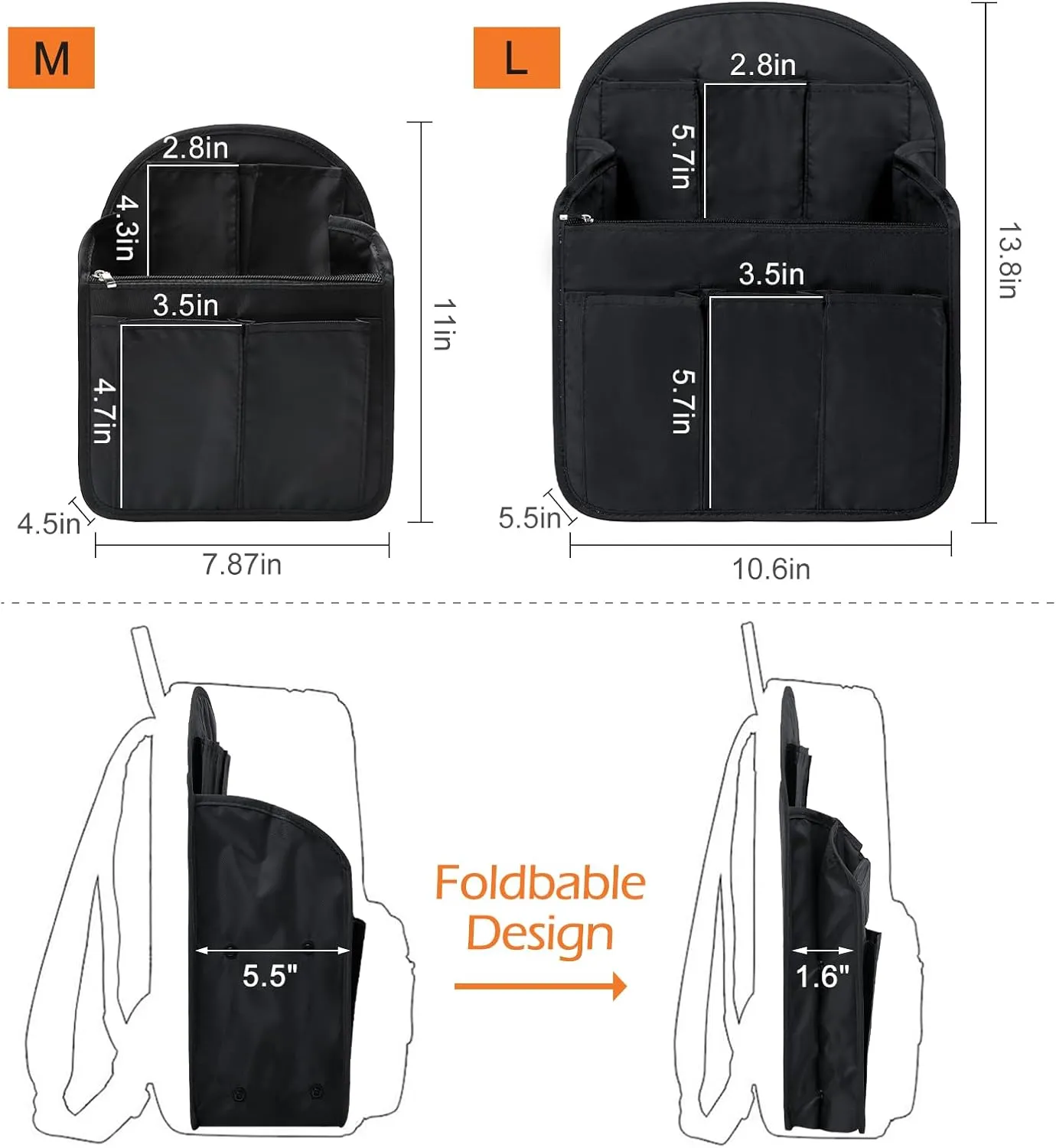 Surblue Backpack Organizer Insert Liner Hanging Travel Rucksack Purse and Handbag Insert Pocket, High-capacity Divider Foldable Nylon Shoulder Bag Organizer for Men and Women, (Black, L)