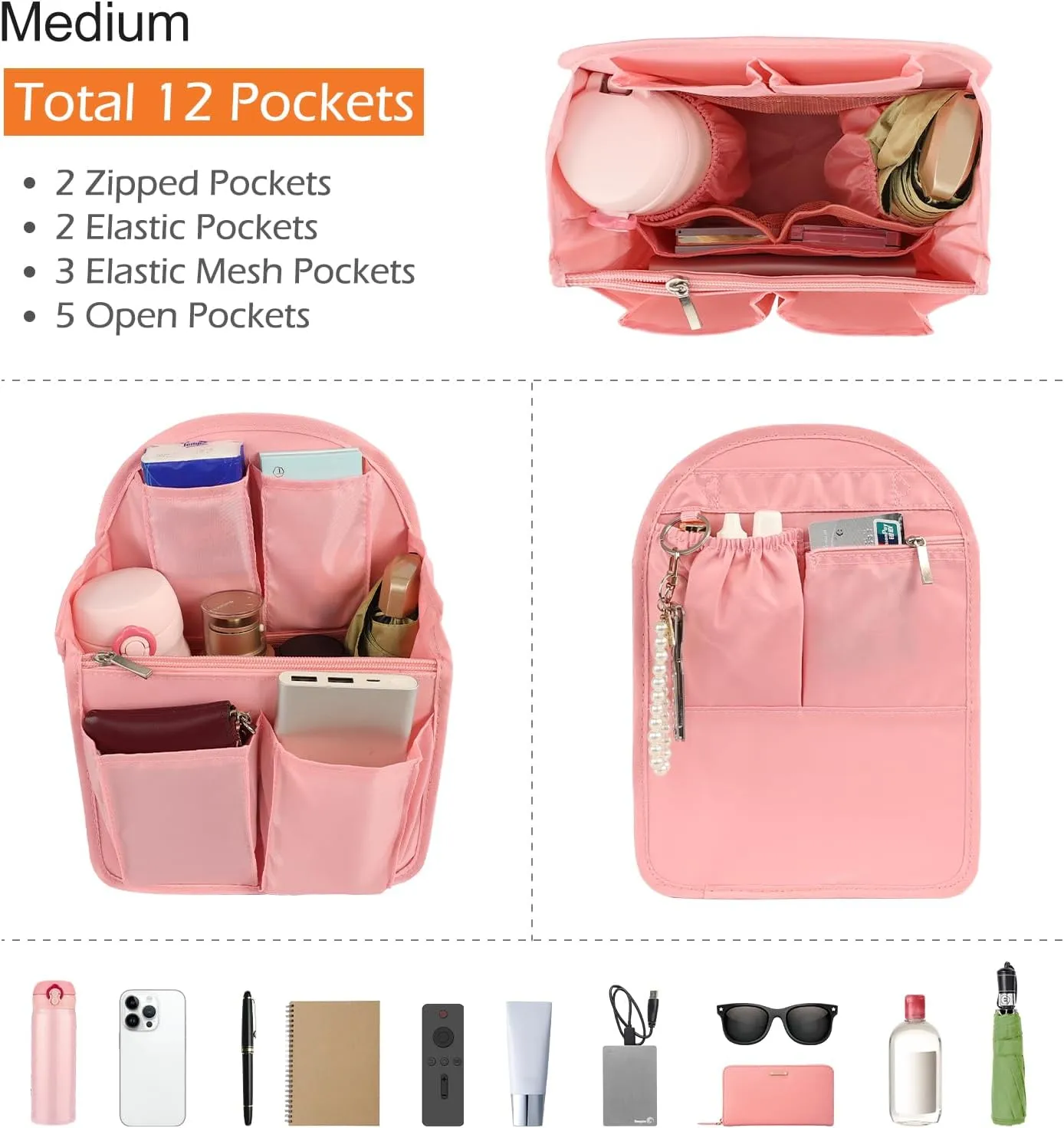 Surblue Backpack Organizer Insert Liner Hanging Travel Rucksack Purse and Handbag Insert Pocket, High-capacity Divider Foldable Nylon Shoulder Bag Organizer for Men and Women, (Purepink, M)