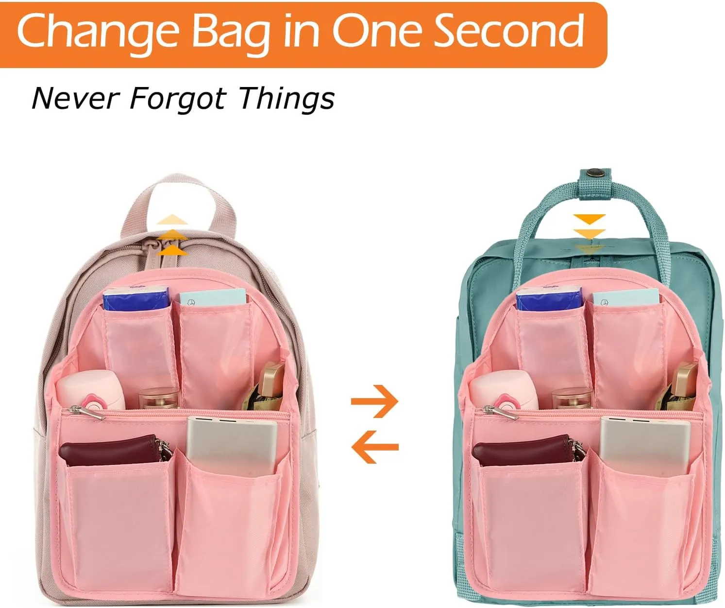 Surblue Backpack Organizer Insert Liner Hanging Travel Rucksack Purse and Handbag Insert Pocket, High-capacity Divider Foldable Nylon Shoulder Bag Organizer for Men and Women, (Purepink, M)