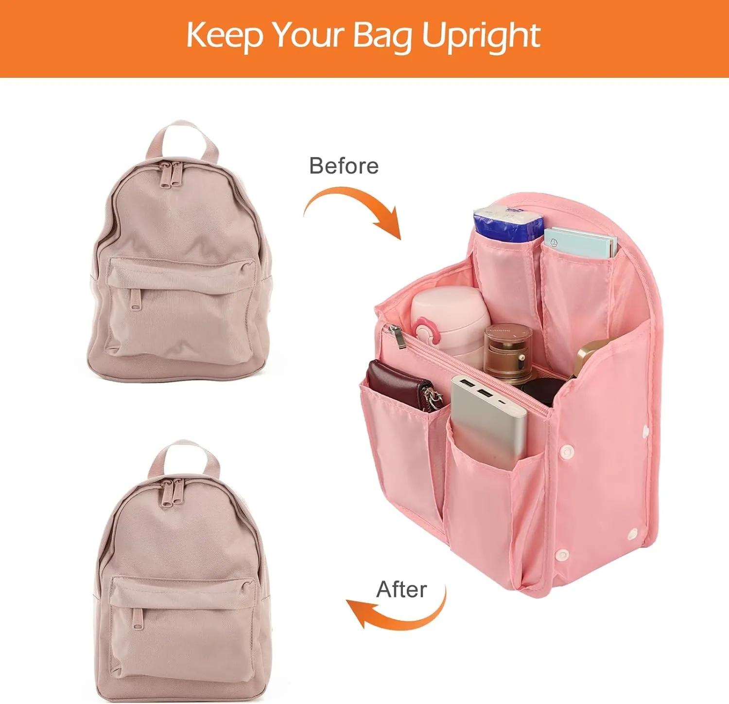 Surblue Backpack Organizer Insert Liner Hanging Travel Rucksack Purse and Handbag Insert Pocket, High-capacity Divider Foldable Nylon Shoulder Bag Organizer for Men and Women, (Purepink, M)