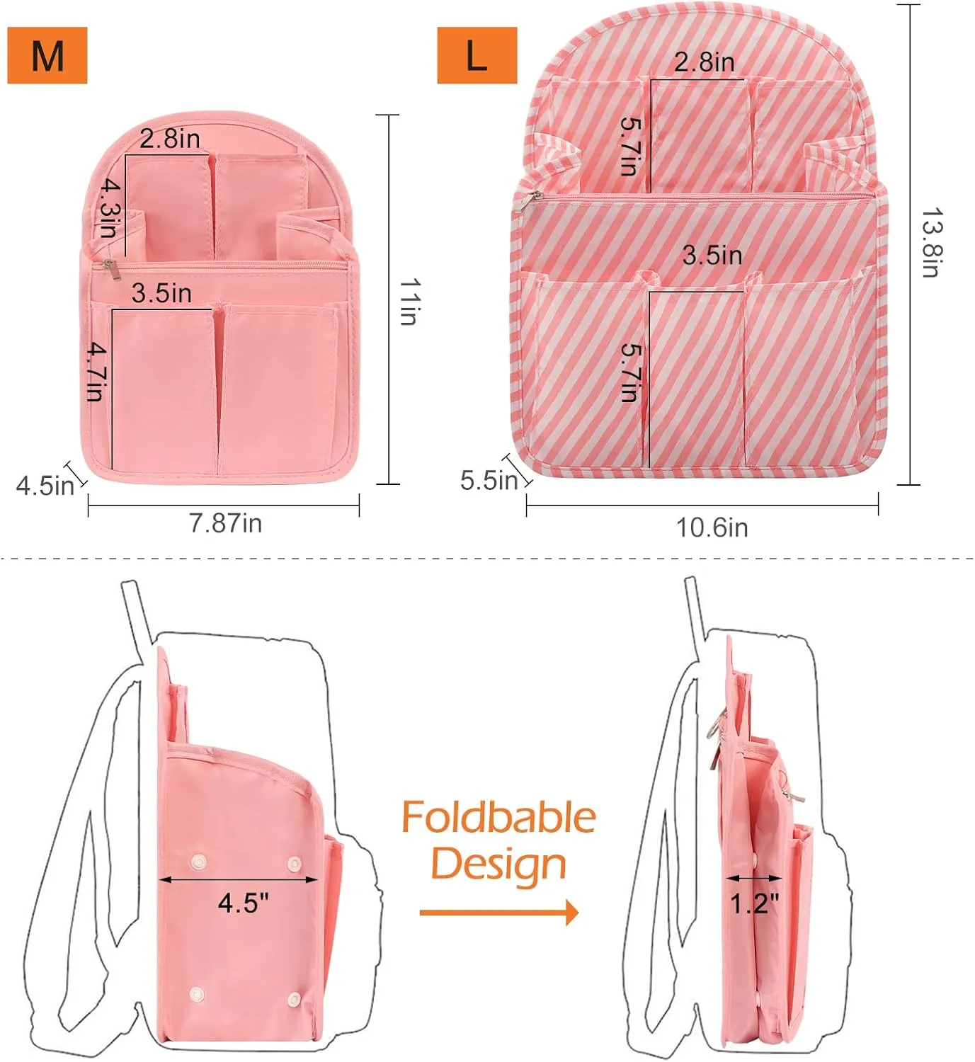 Surblue Backpack Organizer Insert Liner Hanging Travel Rucksack Purse and Handbag Insert Pocket, High-capacity Divider Foldable Nylon Shoulder Bag Organizer for Men and Women, (Purepink, M)