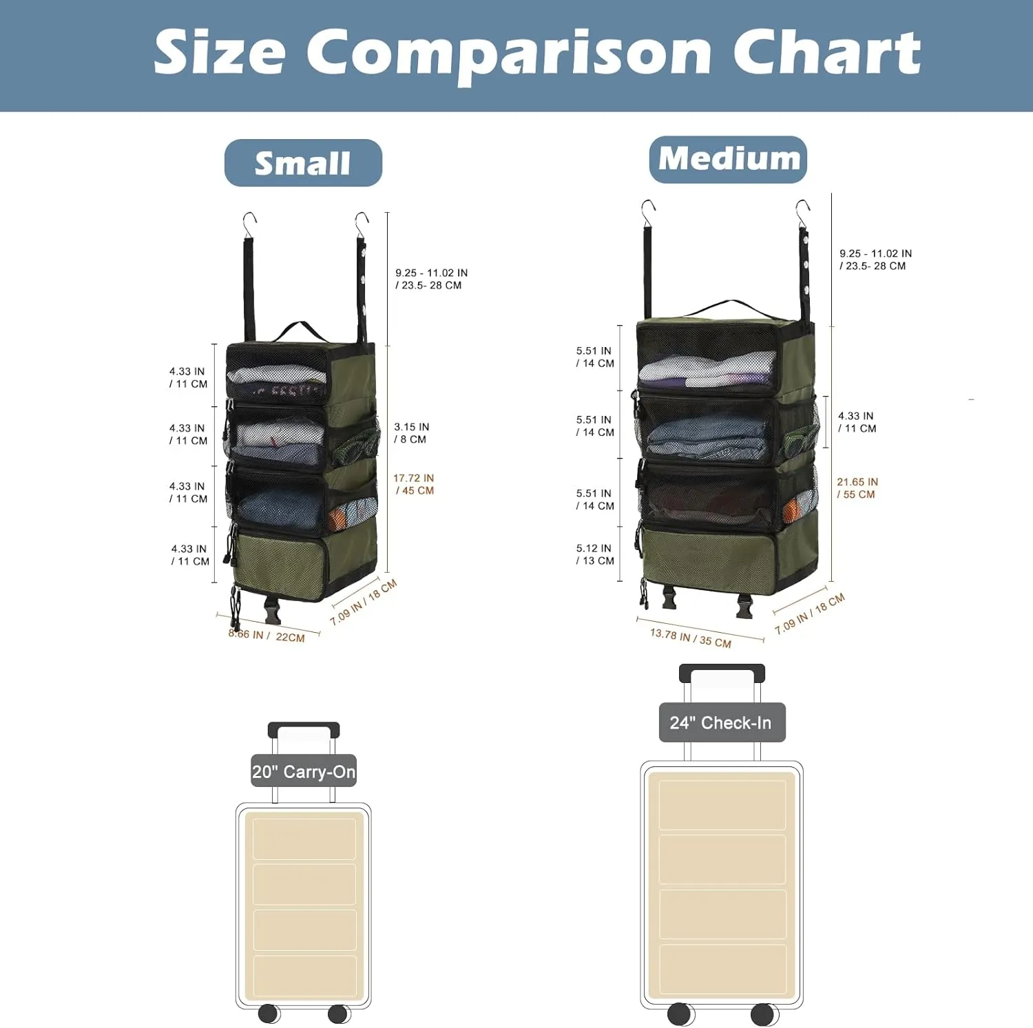 Surblue Hanging Travel Organizer Portable Hanging Luggage Organizer Multiple Compartments Collapsible Compression Closet Packing Cubes,Green,S