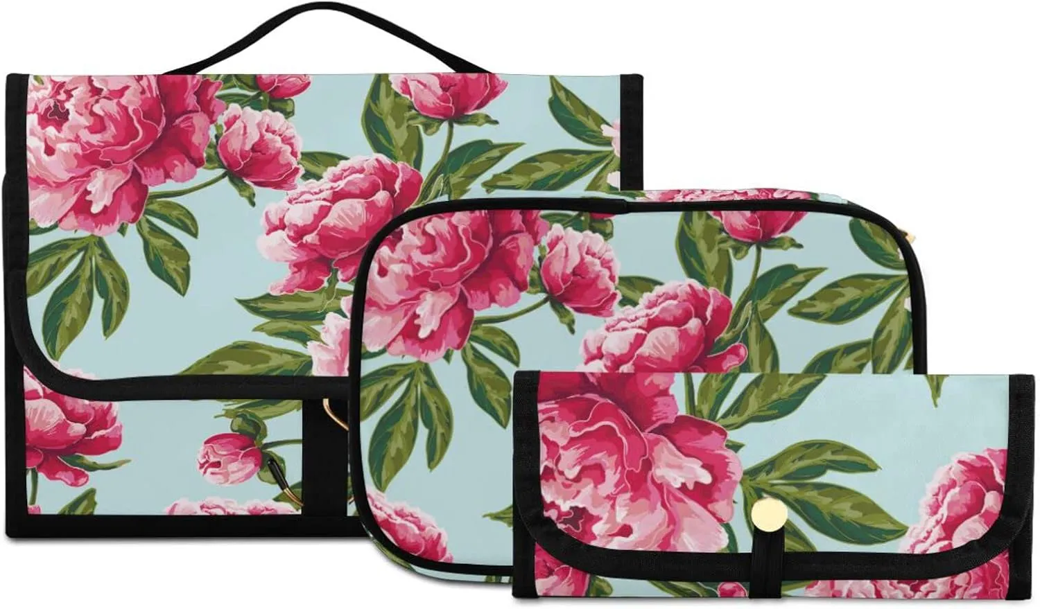 susiyo Bright Pink Peony Toiletry Bag Set of 3 Portable Travel Cosmetic Case Makeup Brush Organizer for Women and Girls