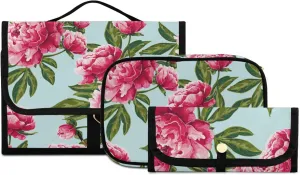 susiyo Bright Pink Peony Toiletry Bag Set of 3 Portable Travel Cosmetic Case Makeup Brush Organizer for Women and Girls