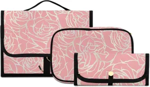 susiyo Pink Bright Line Roses Toiletry Bag Set of 3 Portable Travel Cosmetic Case Makeup Brush Organizer for Women and Girls