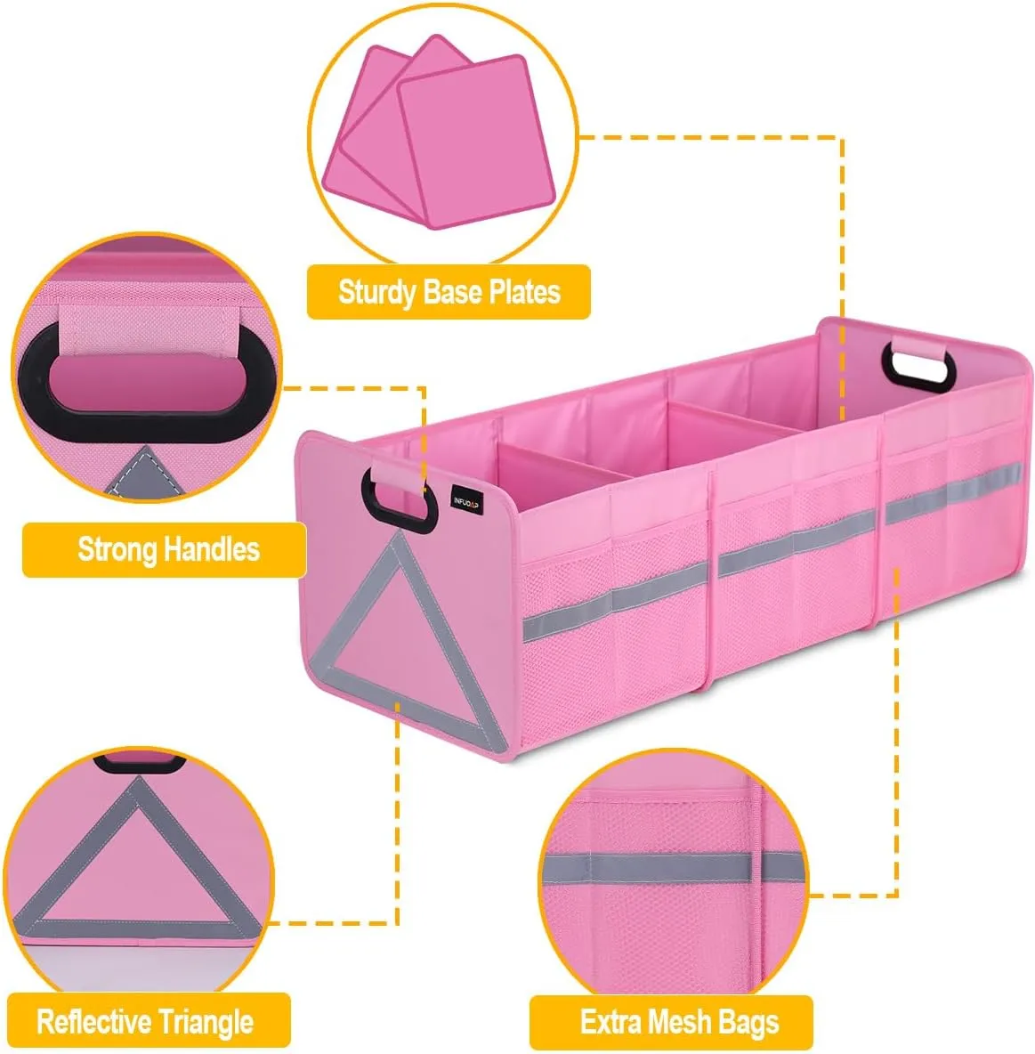 SUV Trunk Organizer - Universal Car Storage with Multi Pockets, Foldable Heavy Duty Collapsible Trunk Storage with Reflective Stripe