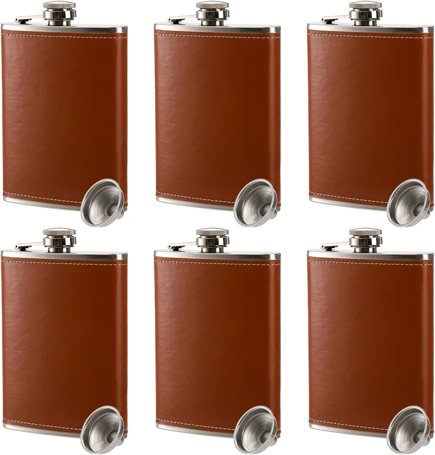 Suwimut 6 Pack Hip Flask for Liquor for Men Women, 8 oz Leak Proof Stainless Steel Pocket Hip Flask with Brown Leather Cover and Funnel for Drinking of Alcohol, Whiskey, Rum and Vodka