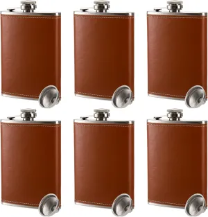 Suwimut 6 Pack Hip Flask for Liquor for Men Women, 8 oz Leak Proof Stainless Steel Pocket Hip Flask with Brown Leather Cover and Funnel for Drinking of Alcohol, Whiskey, Rum and Vodka