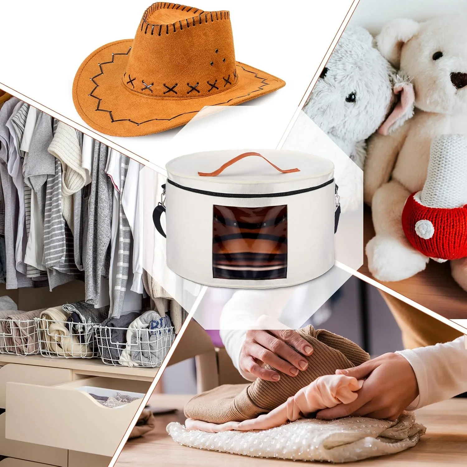 Suzile 4 Pack Large Round Foldable Felt Hat Box for Women Storage 17 x 10 Inch Cowboy Hat Storage Box with Lid Closet Cowboy Case Organizer Clothes Bin(White)