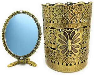 T-Box GoldenTBox Vintage Antique Decorative Metal Makeup Brush Holder and Handheld Portable Cosmetic Mirror Gift Set of 2 for Birthday, Christmas, Housewarming, Mother's Day