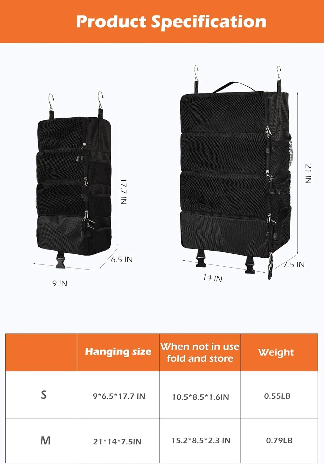 TABITORA Travel Luggage Organizer insert Hanging Packing Cubes for Suitcase Carry on Closet Hanging Shelves Folding(Black,M)