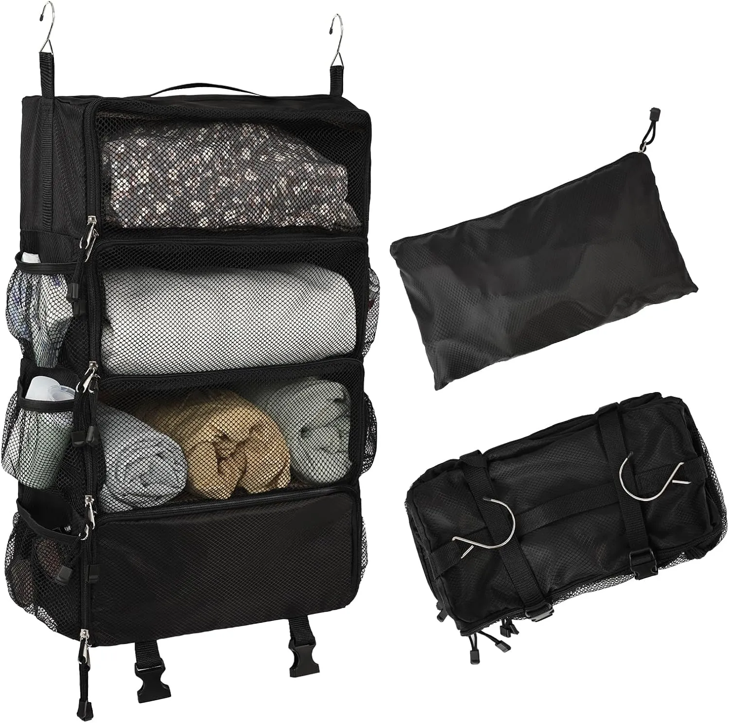 TABITORA Travel Luggage Organizer insert Hanging Packing Cubes for Suitcase Carry on Closet Hanging Shelves Folding(Black,M)