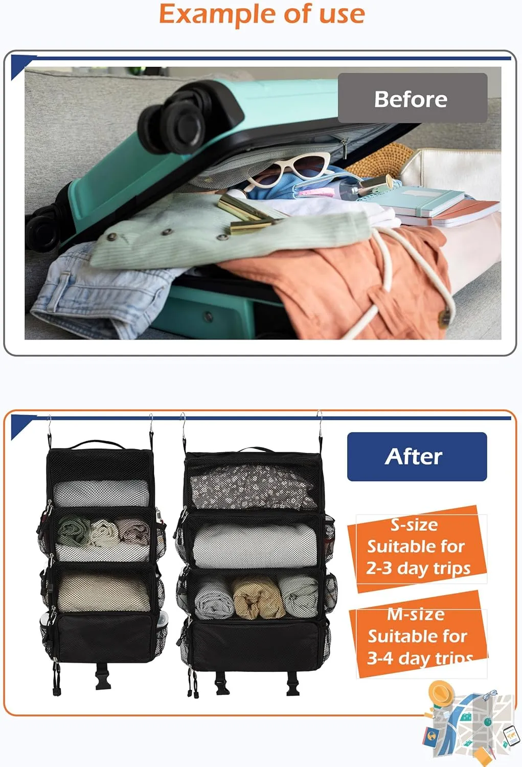 TABITORA Travel Luggage Organizer insert Hanging Packing Cubes for Suitcase Carry on Closet Hanging Shelves Folding(Black,M)