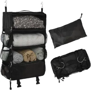 TABITORA Travel Luggage Organizer insert Hanging Packing Cubes for Suitcase Carry on Closet Hanging Shelves Folding(Black,M)