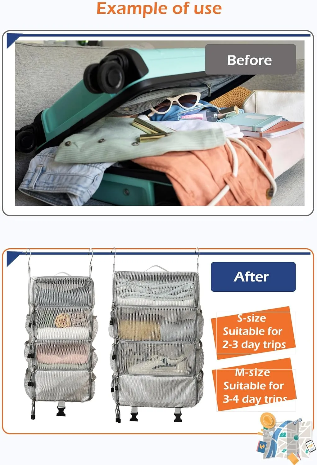 TABITORA Travel Luggage Organizer insert Hanging Packing Cubes for Suitcase Carry on Closet Hanging Shelves Folding(Grey,M)