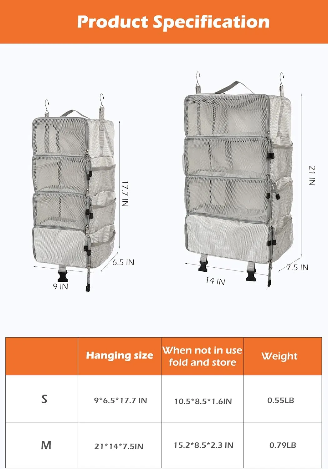 TABITORA Travel Luggage Organizer insert Hanging Packing Cubes for Suitcase Carry on Closet Hanging Shelves Folding(Grey,M)
