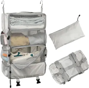 TABITORA Travel Luggage Organizer insert Hanging Packing Cubes for Suitcase Carry on Closet Hanging Shelves Folding(Grey,M)