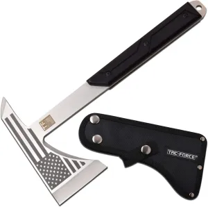 Tac-Force Tomahawk – Axe - Satin Finish Stainless Steel Blade w/Etched U.S.A. Flag, Black Wood Handle, Full Tang Construction, Includes Nylon Sheath, Tactical, EDC, Rescue - TF-AXE001S