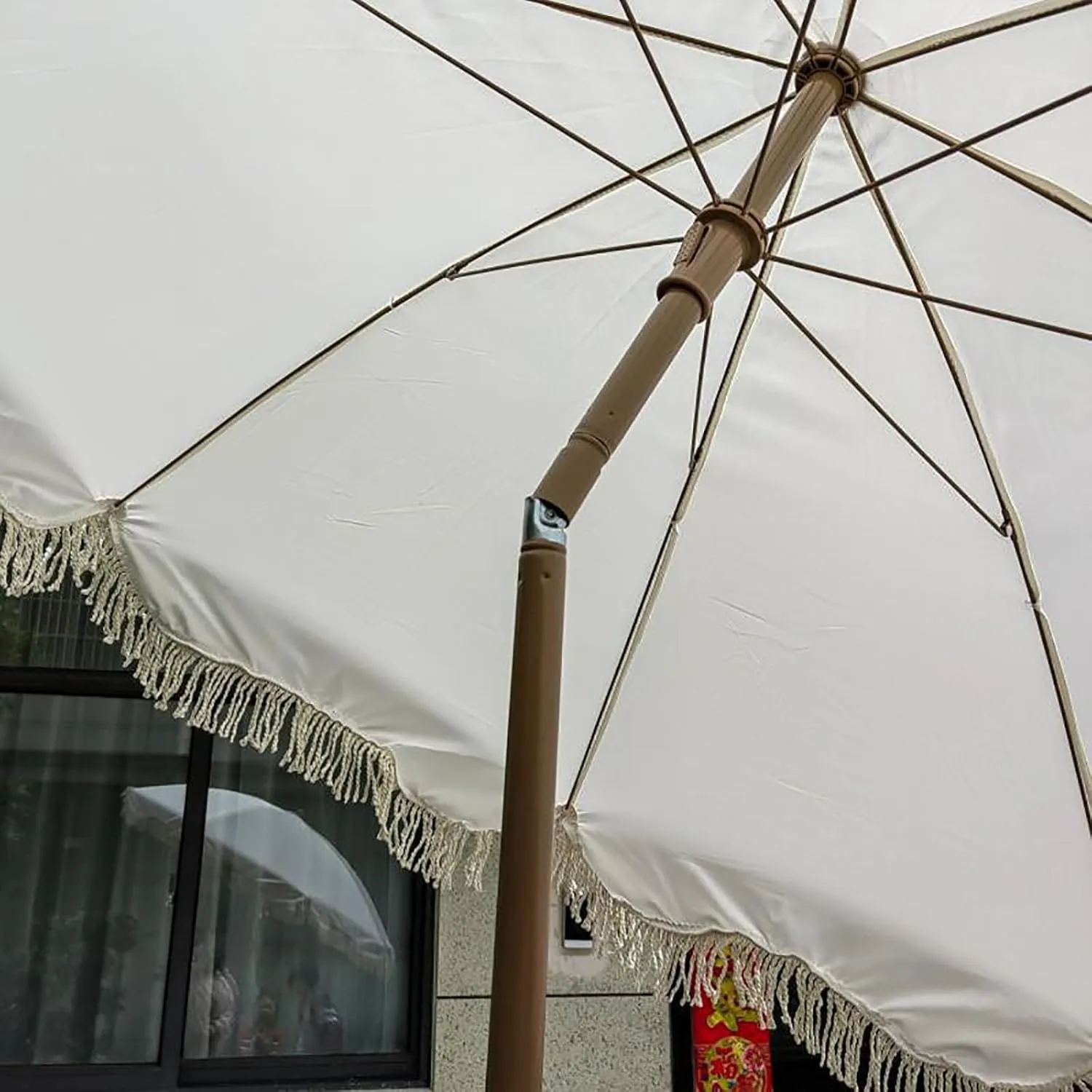 Tassel Umbrella Outdoor Large Parasol, Tilt, Beach Folding Open-air Parasol, Iron Umbrella Pole, Windproof Frame And Sun Shade Canopy, Adjustable Height