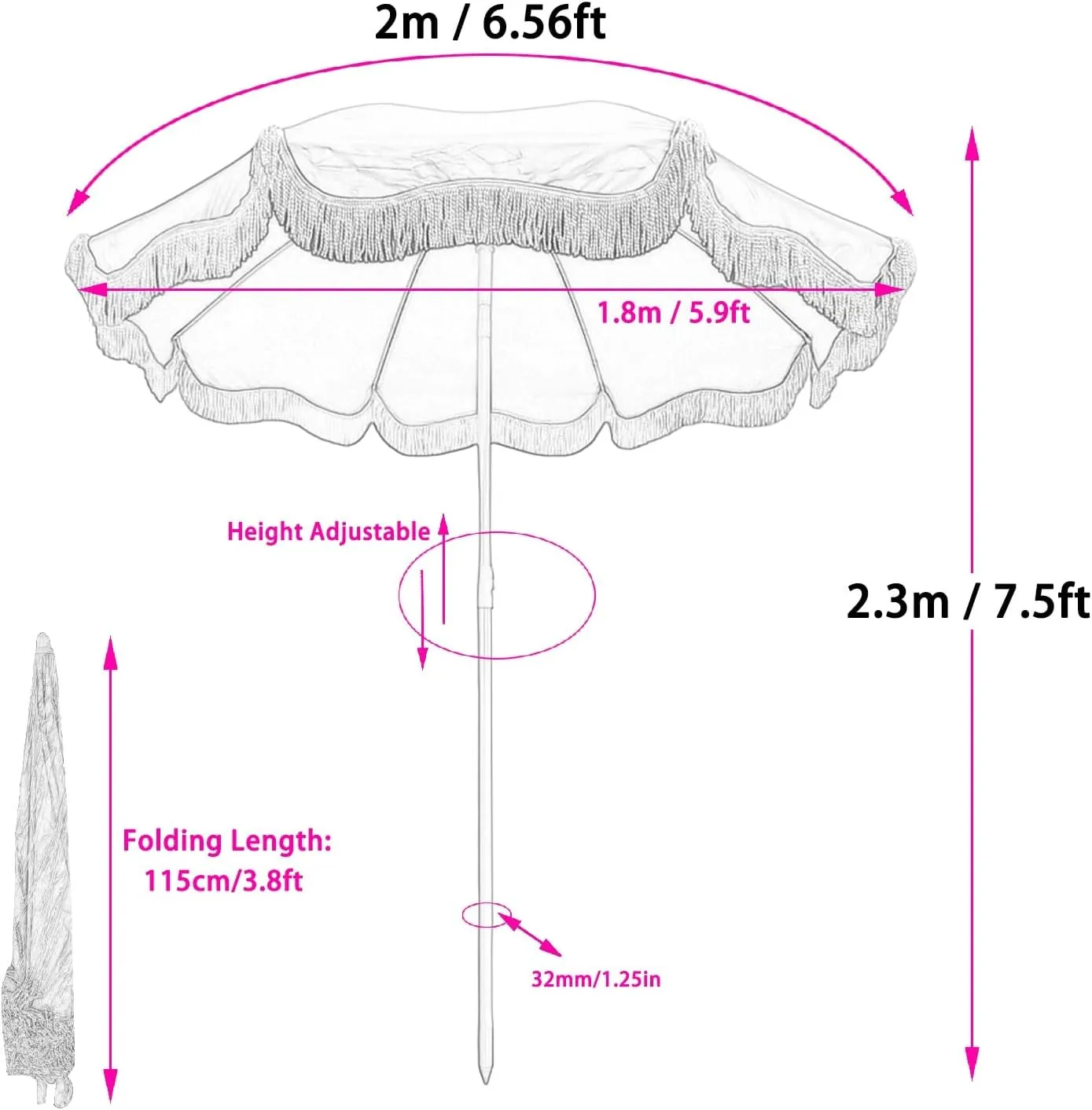 Tassel Umbrella Outdoor Large Parasol, Tilt, Beach Folding Open-air Parasol, Iron Umbrella Pole, Windproof Frame And Sun Shade Canopy, Adjustable Height