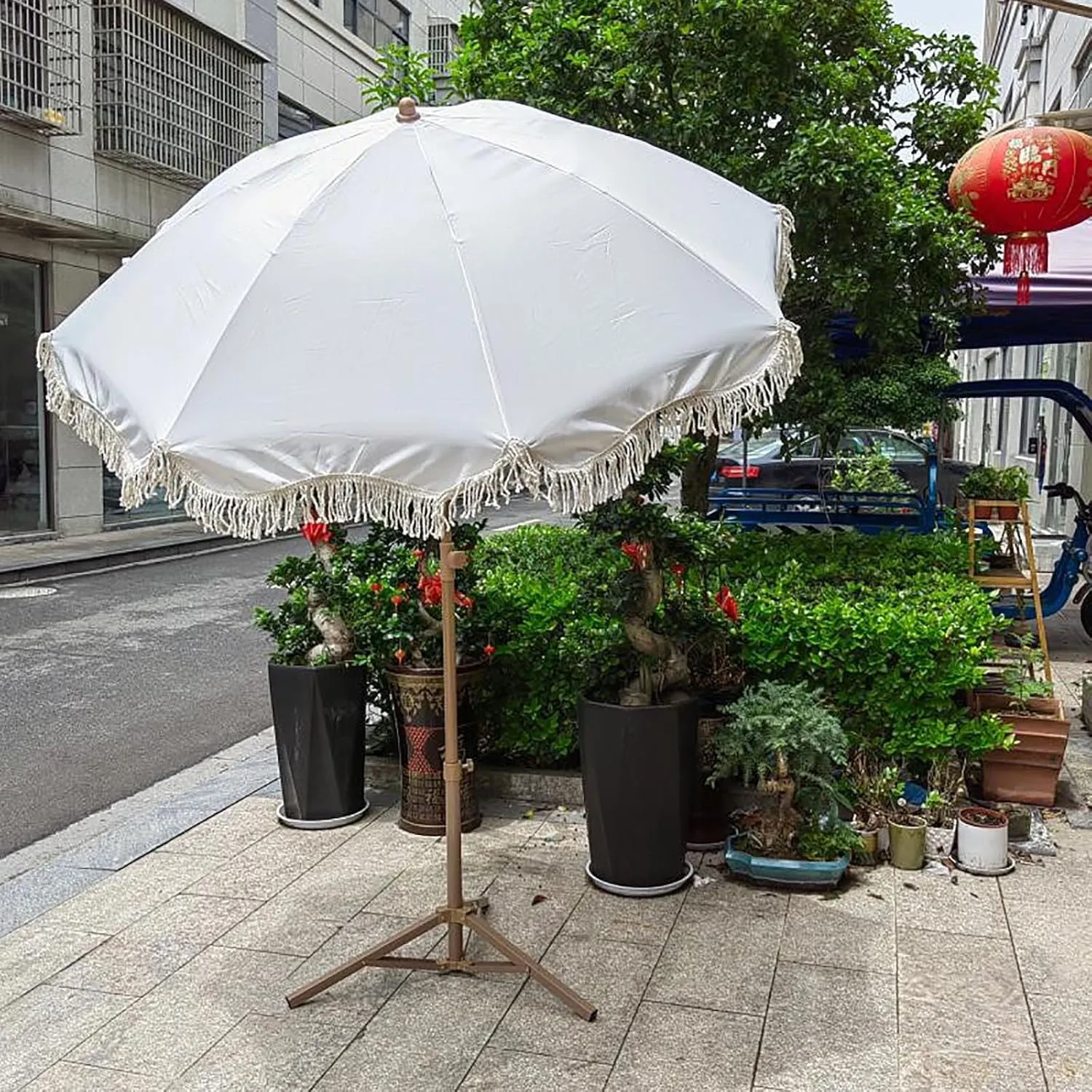 Tassel Umbrella Outdoor Large Parasol, Tilt, Beach Folding Open-air Parasol, Iron Umbrella Pole, Windproof Frame And Sun Shade Canopy, Adjustable Height