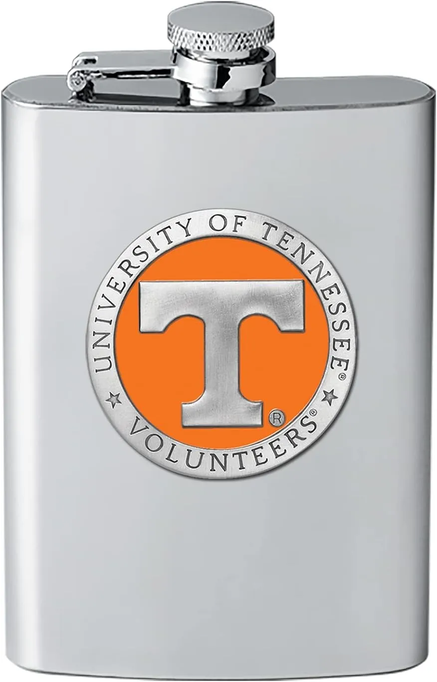 Tennessee Volunteers Flask | 8 Ounce Liquor Flask Container - Stainless Steel | Intricately Crafted Metal Pewter Alma Mater Inlay
