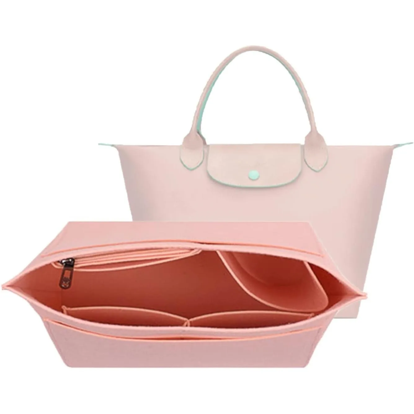 TERRIFI Multi-Pocket Felt Handbag Organizer, Folding Tote Bag organizer insert, Felt Organizer Insert Handbags & Base Shaper, for Insert Wallet Organizer for Longchamp (Small, Pink)