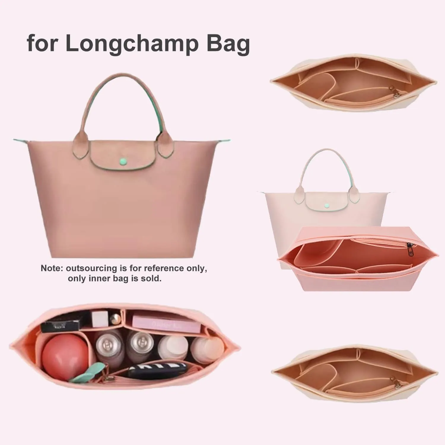 TERRIFI Multi-Pocket Felt Handbag Organizer, Folding Tote Bag organizer insert, Felt Organizer Insert Handbags & Base Shaper, for Insert Wallet Organizer for Longchamp (Small, Pink)