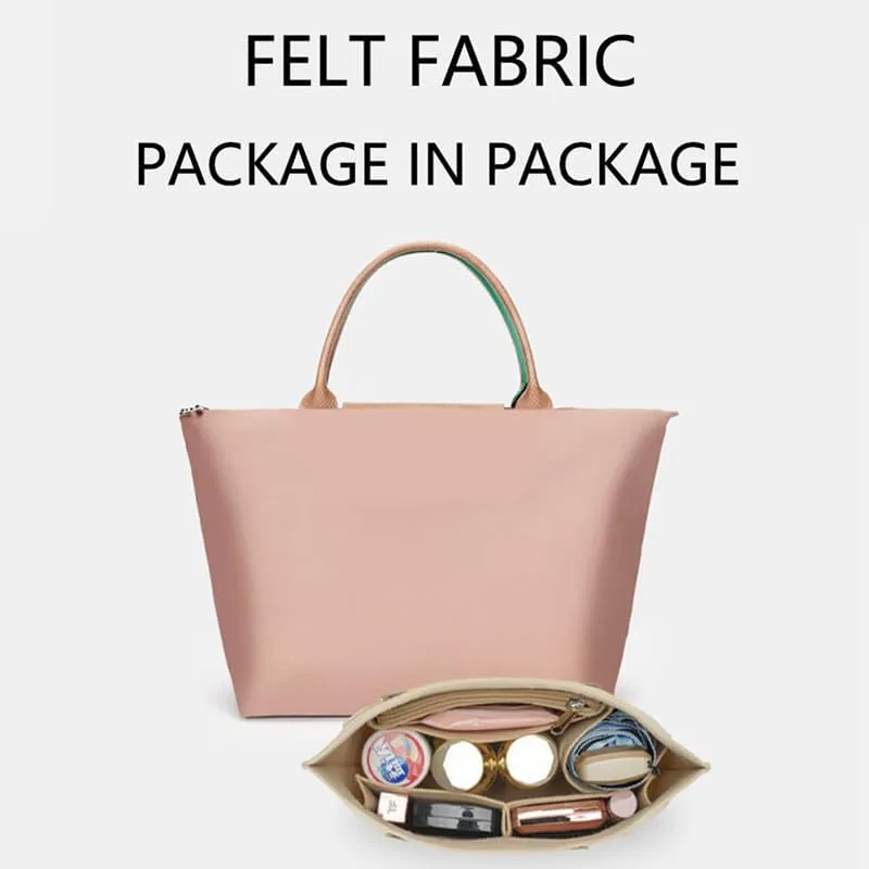 TERRIFI Multi-Pocket Felt Handbag Organizer, Folding Tote Bag organizer insert, Felt Organizer Insert Handbags & Base Shaper, for Insert Wallet Organizer for Longchamp (Small, Pink)