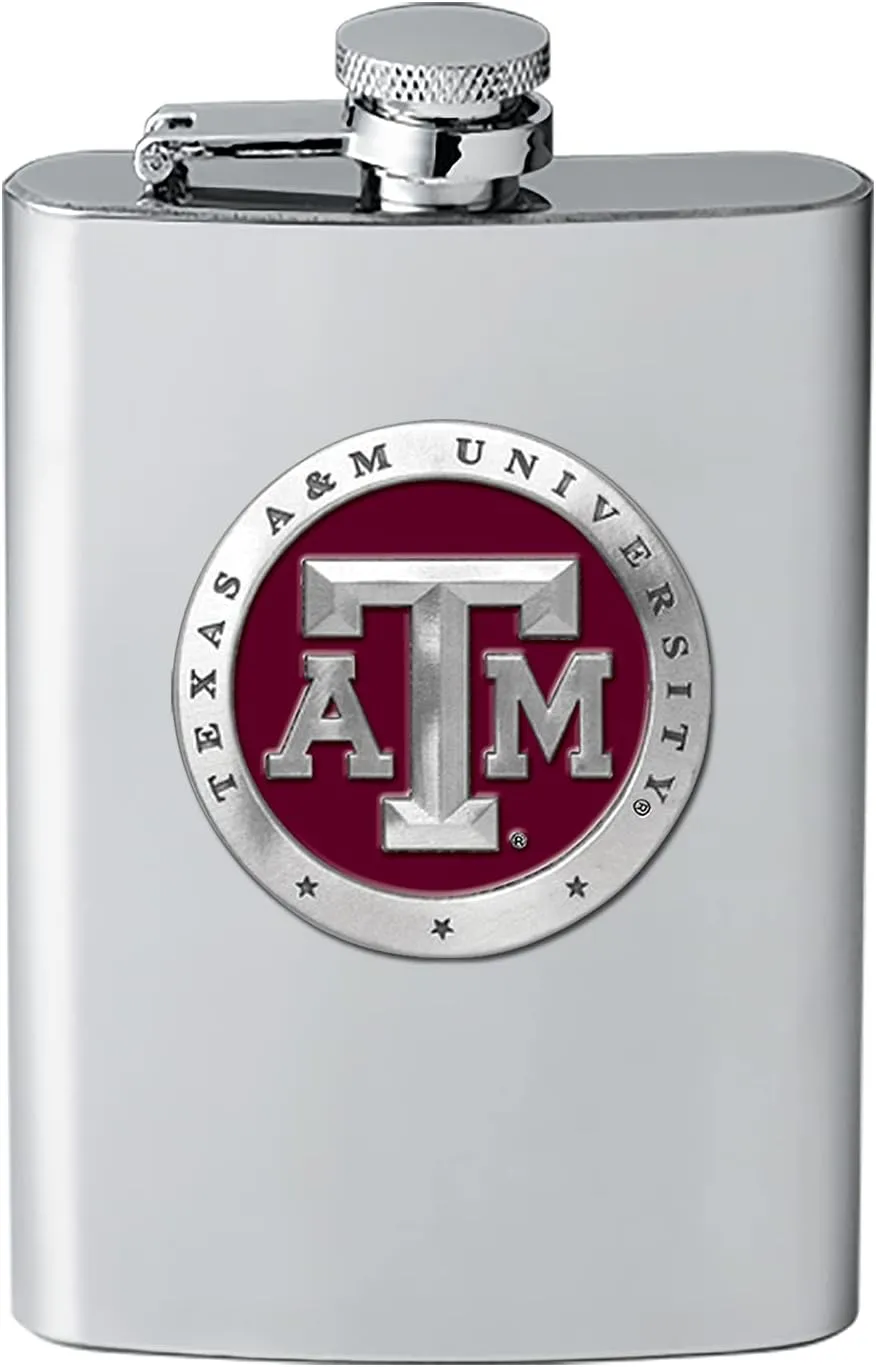 Texas A&M Aggies Flask | 8 Ounce Liquor Flask Container - Stainless Steel | Intricately Crafted Metal Pewter Alma Mater Inlay
