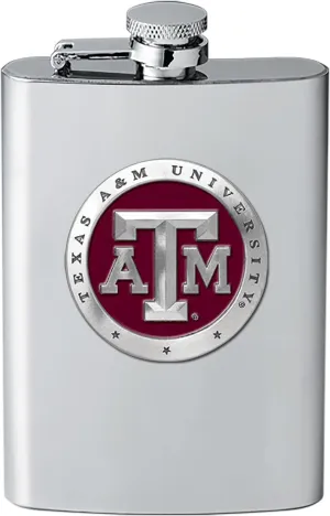 Texas A&M Aggies Flask | 8 Ounce Liquor Flask Container - Stainless Steel | Intricately Crafted Metal Pewter Alma Mater Inlay