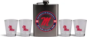 The Memory Company | Licensed NCAA Stainless Steel Team Logo Flask and (4) Shot Glass Set